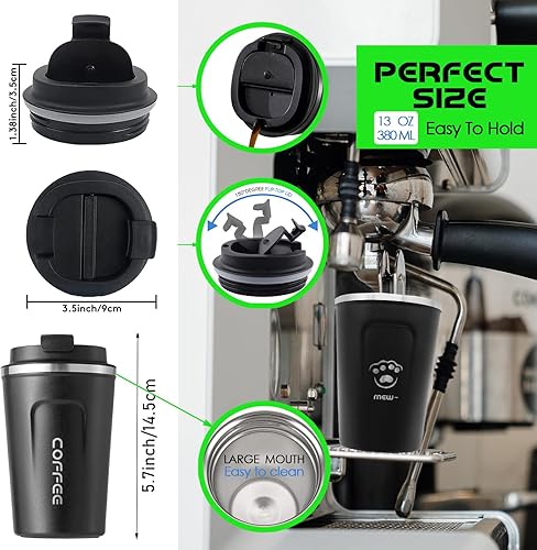 Miniatura 5 de Taza de café de viaje a prueba de fugas, taza de café reutilizable con tapa, taza de café aislada con cepillo, vaso de acero inoxidable al vacío,