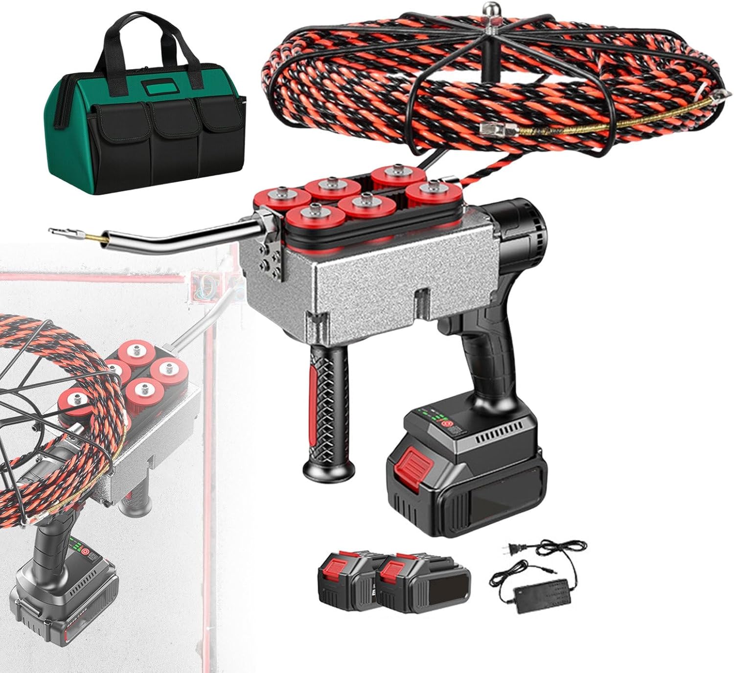 Electrician Stringing Wire Puller - 15m Lead Wire, Cable Insertion & Extraction Tools, Professional Wire Threading Tool Threading Machine, with 21V Battery & Charger & Tool Bag,2-battery
