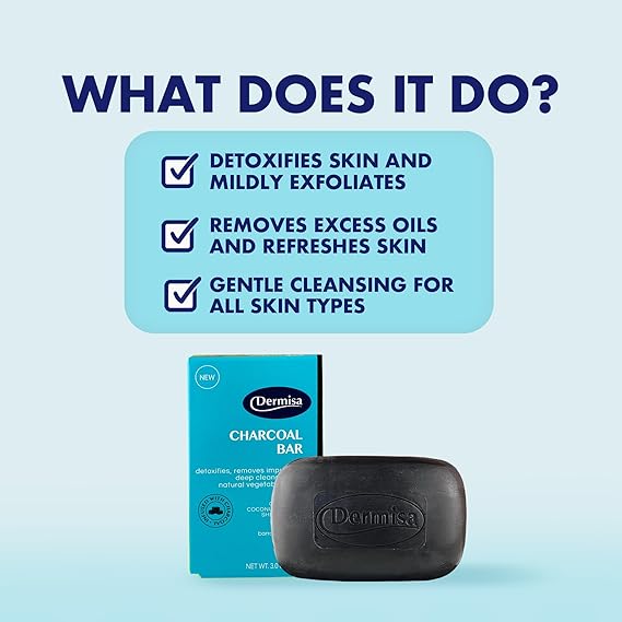 Dermisa Detoxifying Charcoal Bar Soap with Activated Charcoal, Coconut Oil and Shea Butter - Deep Pore Cleansing and Acne Treatment Soap for All Skin Types, 3.0 oz, Pack of 2
