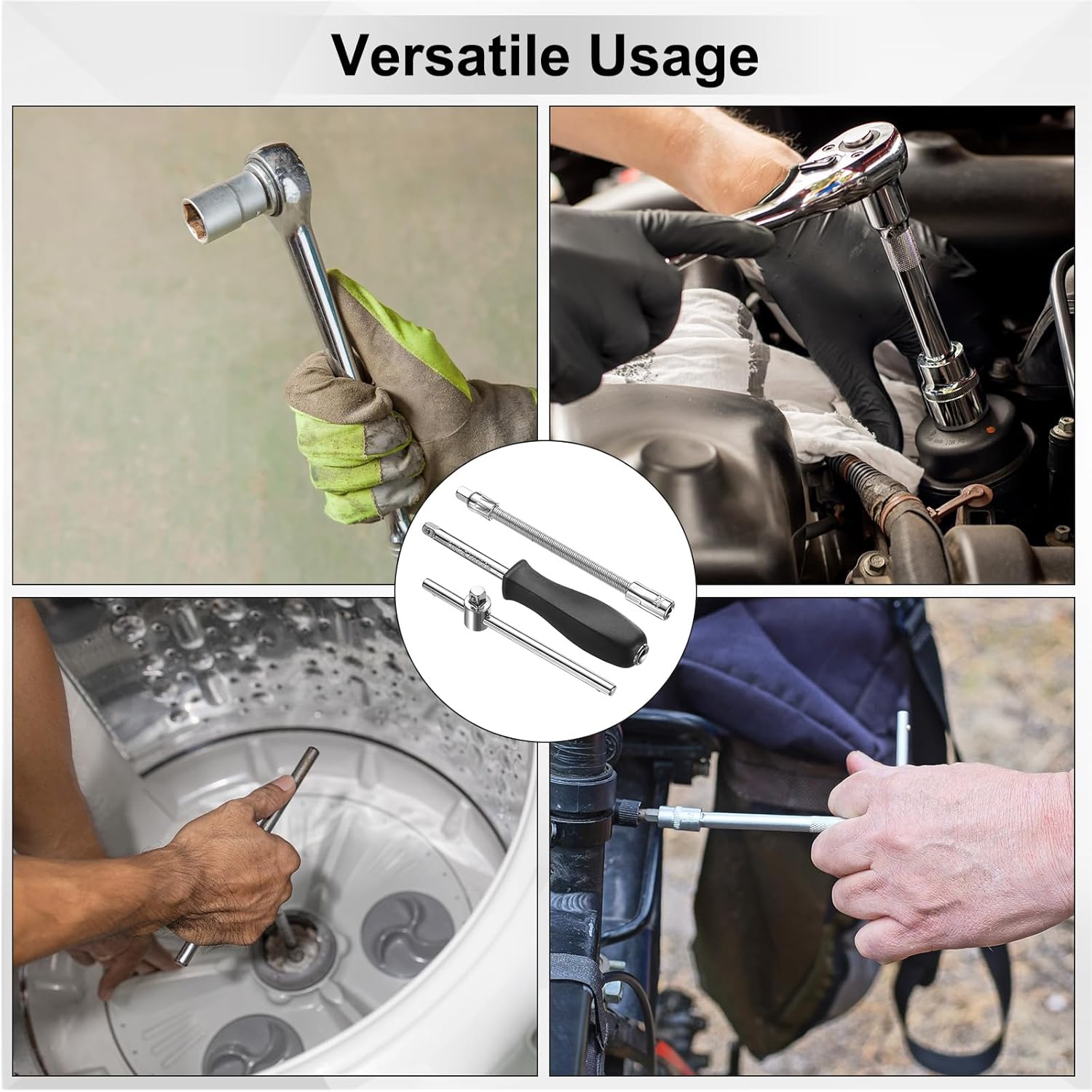 uxcell 1/4" Drive Spinner Handle Chrome Vanadium Steel Drive Socket Set with 1/4" Drive Sliding T-handle Breaker Bar and 1/4" Drive Spring Flexible Socket Extension Bar 3-Pieces Set