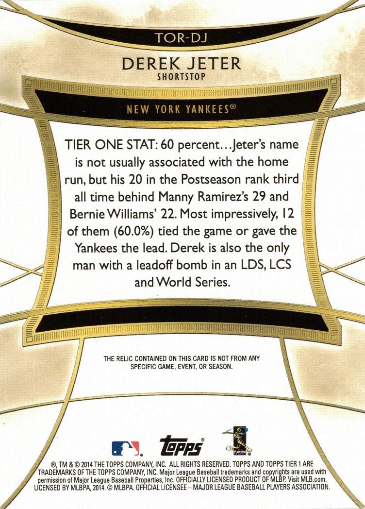 2014 Topps Tier One Relics #TOR-DJ Derek Jeter Game Worn Yankees Jersey Baseball Card - Only 254 made!