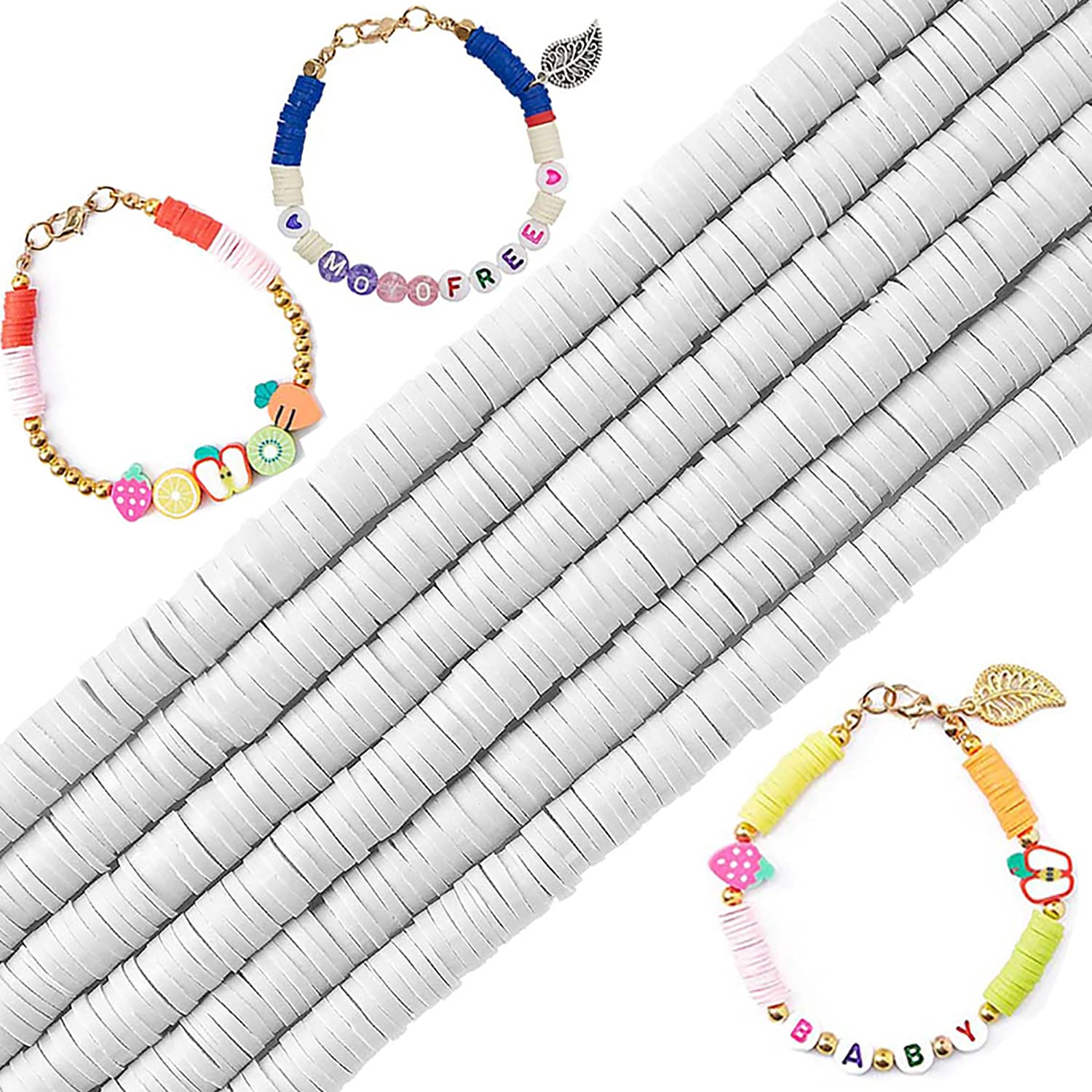 KASTWAVE Clay Beads, Round Handmade Heishi Beads, White Polymer Flat Beads, Beads for Jewelry Making, for Necklace Jewelry Bracelet Earring Pendant and Anklet Craft Making DIY Craft Kit (2100 Pcs)