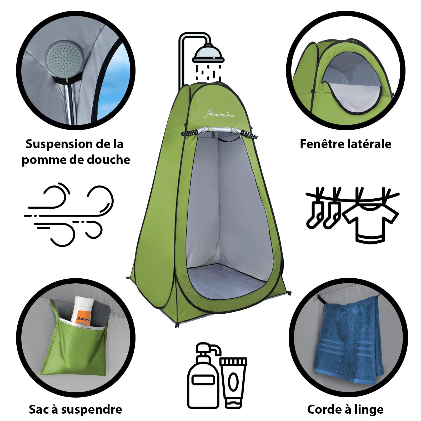 Montafox Tente Douche 2m XXL Portable Pop Up Toilette Cabinet Changement Camping Vestiaire WC, Couleur:Vert