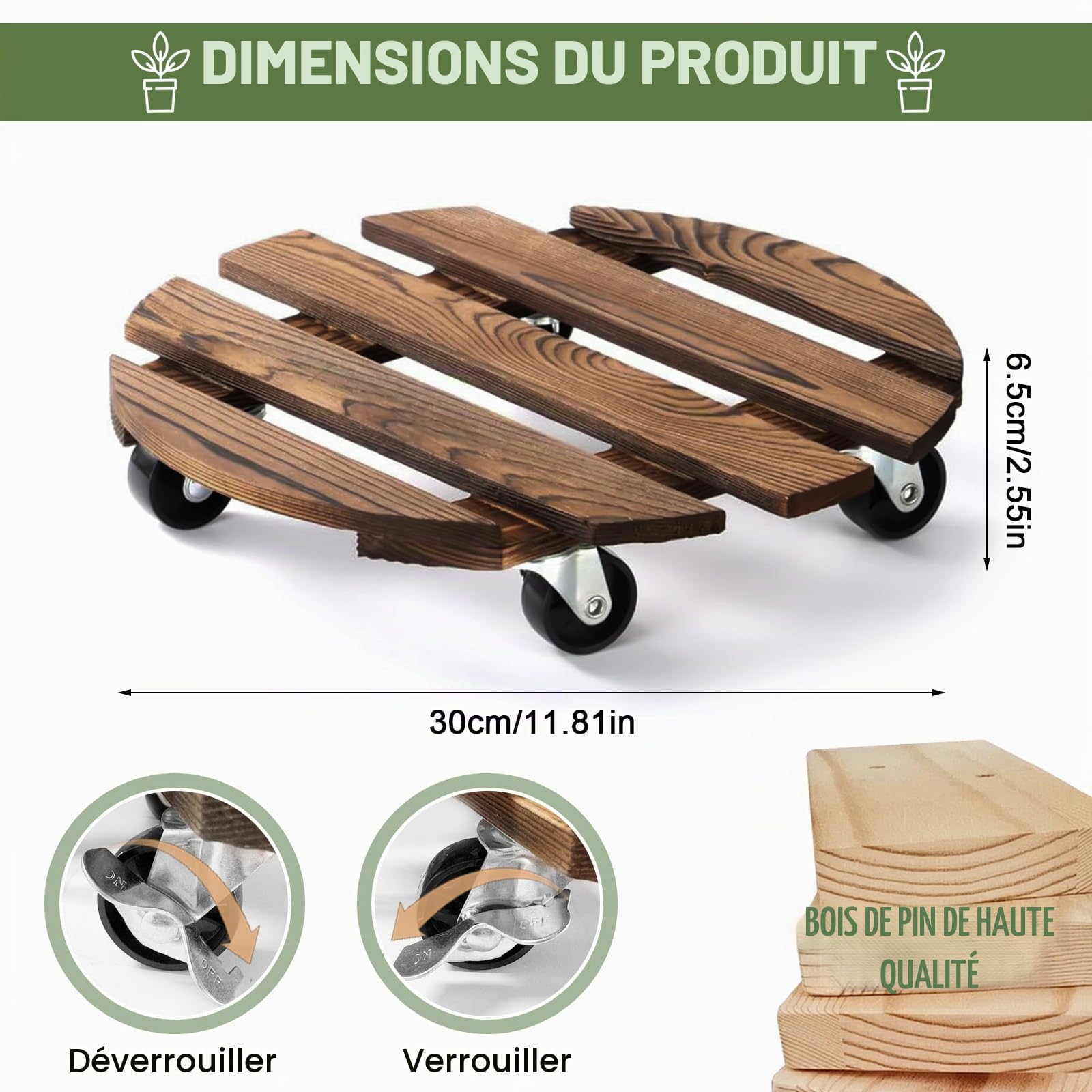 Porte Plante a roulettes, Lot de 2 Supports de Pots de Fleurs à roulettes Ø 300 mm, Support Plante Roulette, Capacité de 100KG, Plateau a Roulette pour Extérieur à Intérieur