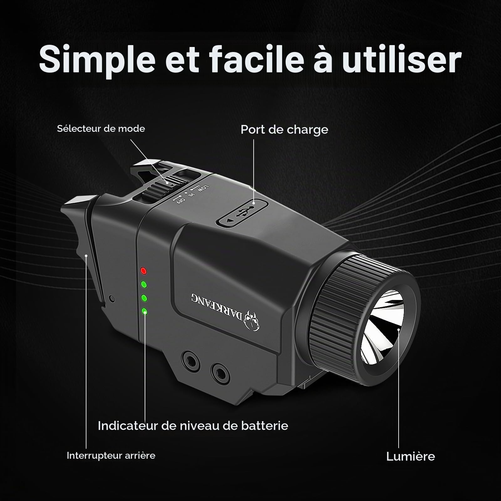 DARKFANG Lumière tactique compacte de 1000 lumens avec 2 commutateurs différents pour le rail picatinny