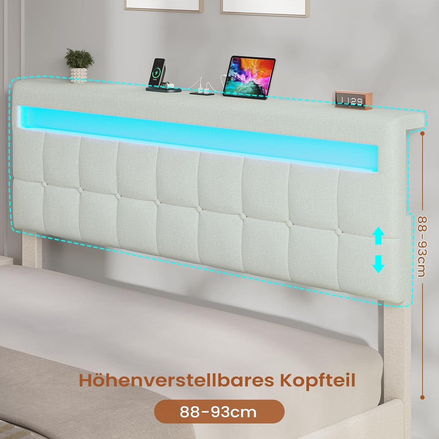 AOGLLATI Letto Matrimoniale Contenitore 180x200 cm, Struttura Letto con Illuminazione LED e Stazione di Ricarica, Letto Matrimoniale con Vano Contenitore Idraulico e Testiera Regolabile, Beige
