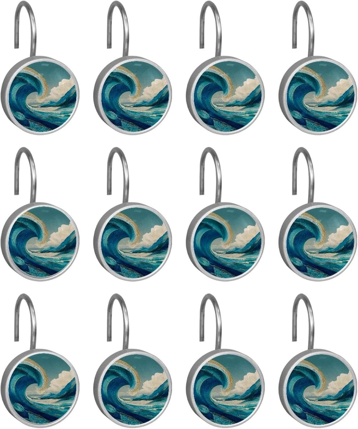 Set of 12 Shower Curtain Hooks, Shower Curtain Rings Crystal Glass Decorative Bathroom Hook, Waves
