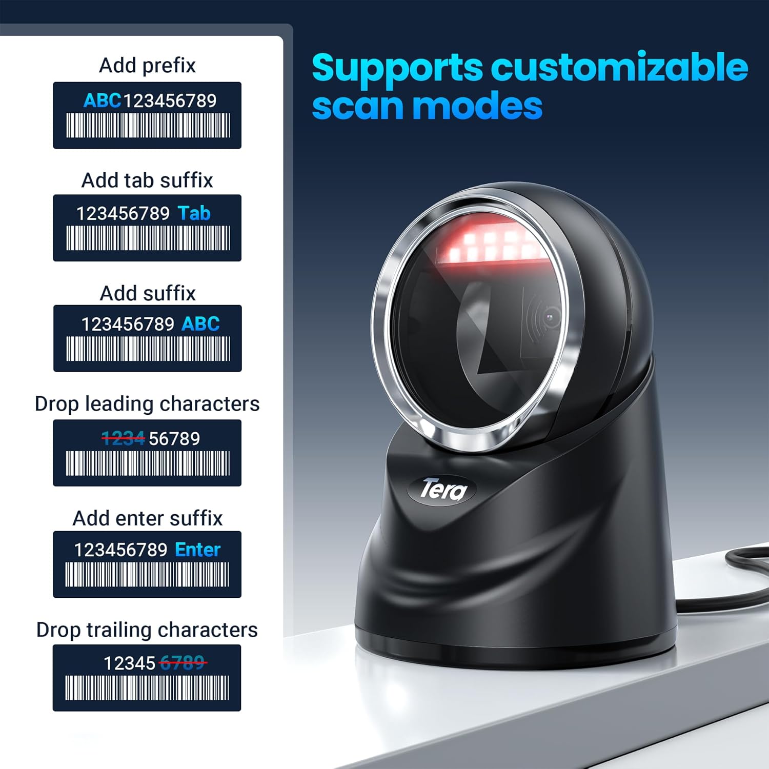 Tera 9100 Barcode Scanner illustrating customizable scan modes such as adding prefix, adding tab suffix, adding suffix, dropping leading characters, adding enter suffix, and dropping trailing characters.