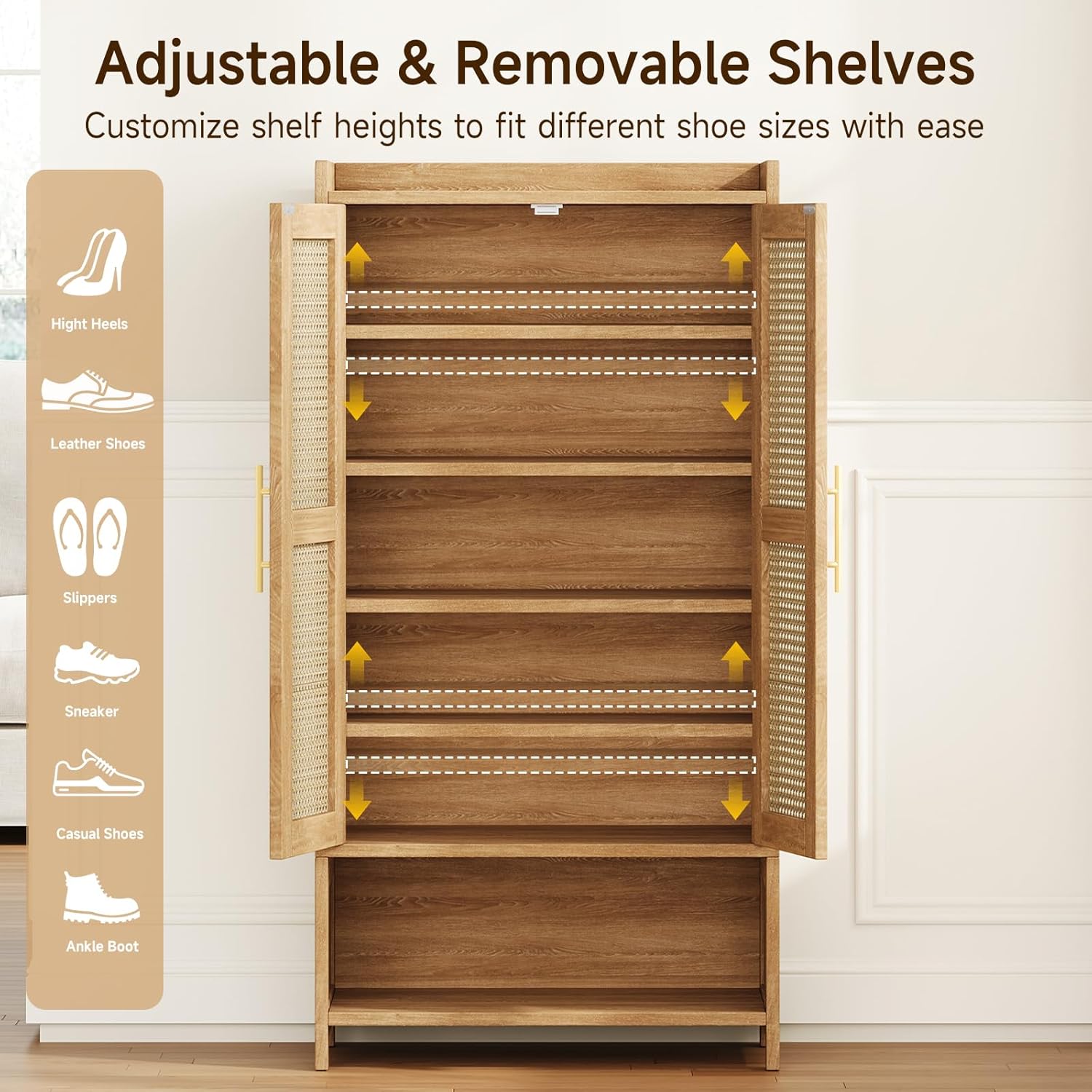 Rattan Buffet Cabinet with Storage, Boho Buffet Table with Adjustable Shelf and Solid Wood Legs,46.3" Tall Shoes Rack Organizer Cabinet for Entryway, Hallway, Natural Oak