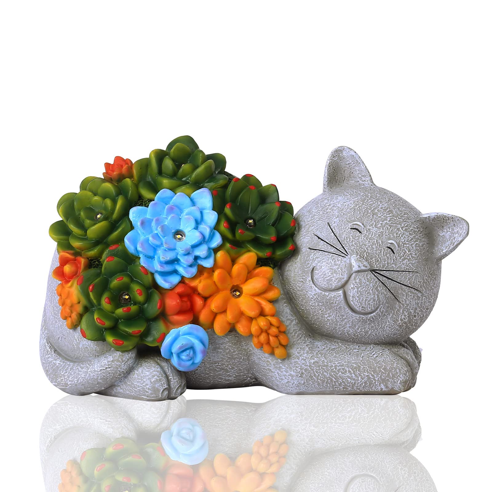 Yeomoo Statuetta decorativa a energia solare con piante grasse, decorazione da giardino per esterni, grigio | Graziosa statuetta da giardino con luci solari, regalo per gli amanti dei gatti, per donne, giardino, balcone, camera, 23 cm