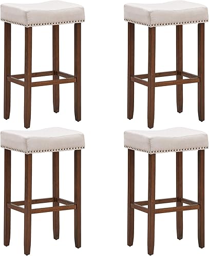 ERGOMASTER Juego de 4 taburetes de bar de tela sin espalda de 29 pulgadas, modernos taburetes de bar de madera con ribete de cabeza de clavo para