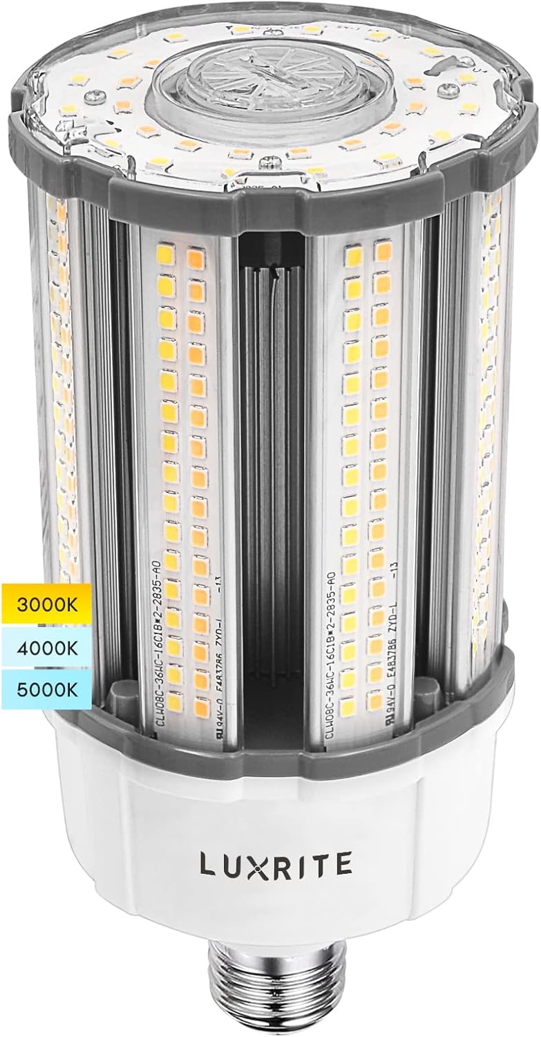 LUXRITE 18W/27W/36W LED Corn Light Bulb, 150W HID Equivalent, 3 Color Selectable 3000K-5000K, Up to 5450 Lumens, Enclosed Fixture Rated, 100-277V, E26/E27 Base - Garage, Warehouse, Indoor Outdoor