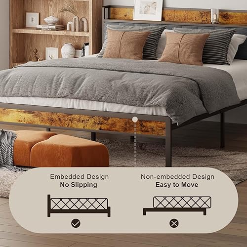 Miniatura 7 de Gizoon Base de cama Queen con cabecera de almacenamiento, plataforma de metal, listones de acero resistente con soporte de colchón, gran espacio de
