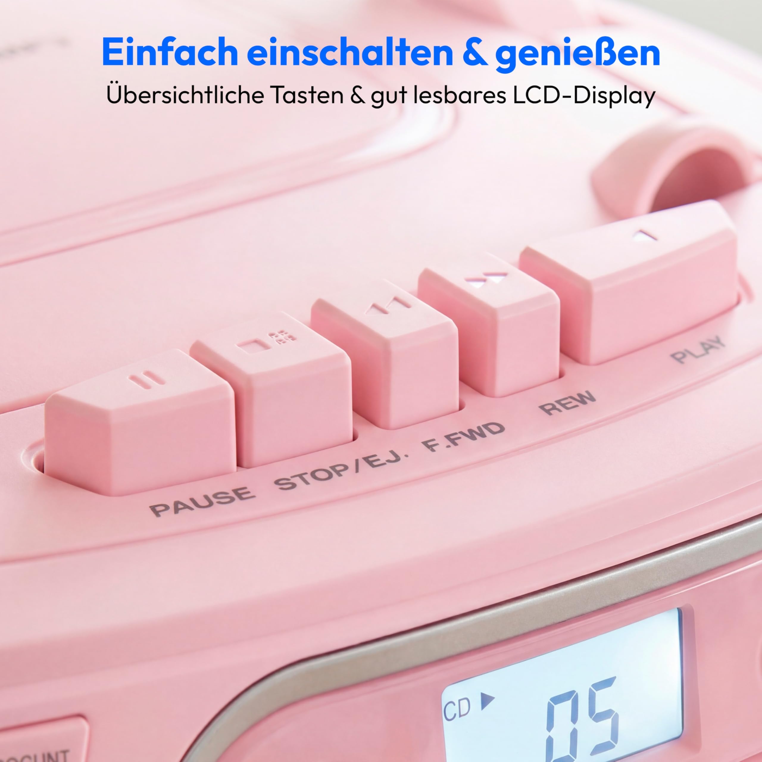 MEDION E66476 Stereo Sound System (Boombox, CD-Player, MP3, Kassette, tragbarer Kassettenspieler für Kinder, UKW Radio, AUX, Kopfhörer, Netz & Batterie) Pink