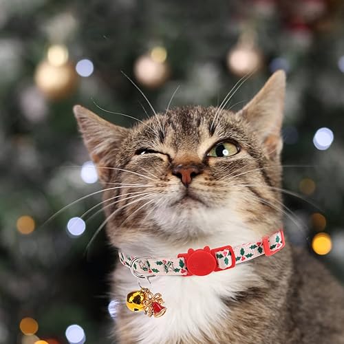 Miniatura 6 de Collares navideños para gatos con campana y bonitos colgantes, paquete de 3 collares de seguridad ajustables para gatitos, collar de Navidad para