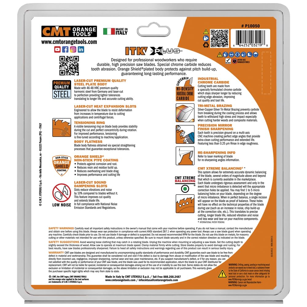 CMT P10050 ITK Plus Hoja de sierra combinada, 10 x 50 dientes, 1 FTG+ 4 ATB dientes con cizalla con agujero de 5/8 pulgadas