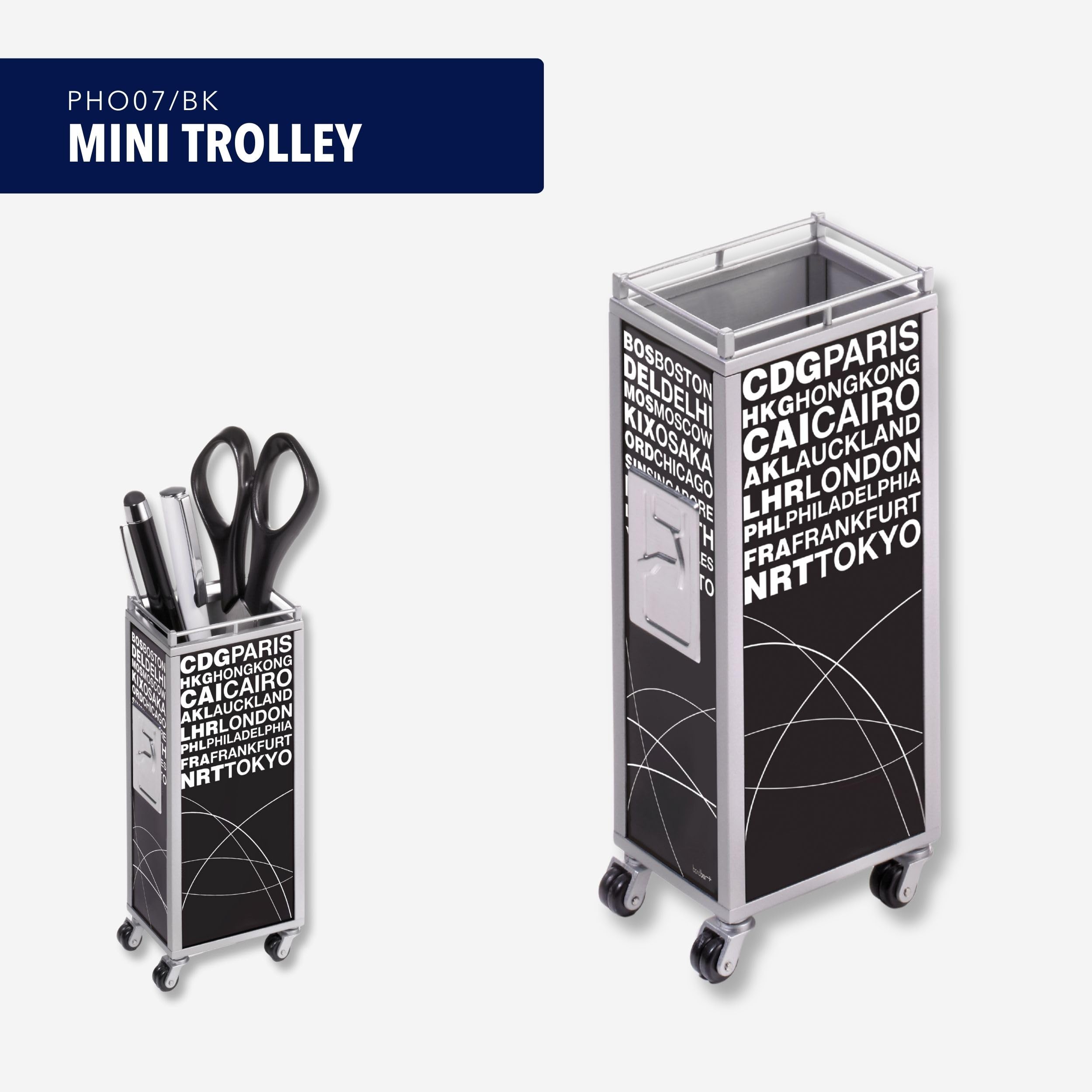 TROIKA Stifteköcher MINI TROLLEY - PHO07/BK - Stifteköcher, Trolley, Motiv "AIRPORTS" - schwarz / weiß - Flugzeugtrolley - Flughafen international - das Original von TROIKA