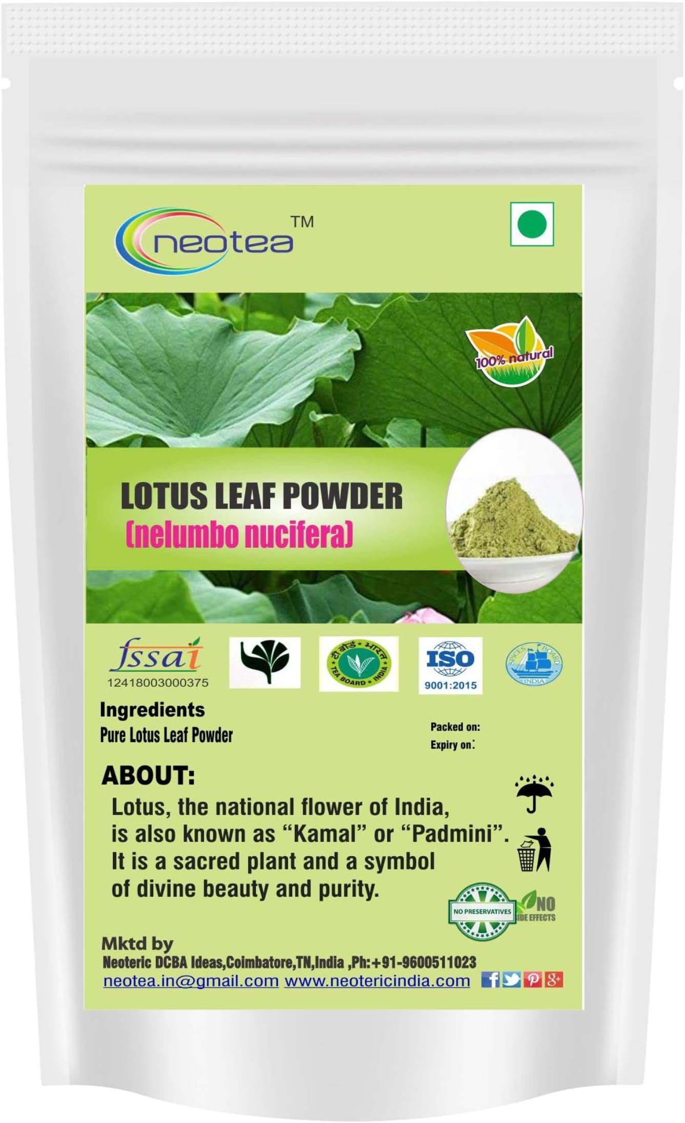 Neotea Lotus Leaf Powder | Alkaloid Extract | Nelumbo Lutea | Nelumbo nucifera | Sacred Lotus | Indian lotus | simply lotus | Padma or Kamala | Skincare | Haircare | 100% Ayurvedic Herbal Supplement | Direct Source From Farmers | Chemical Free 300 GM
