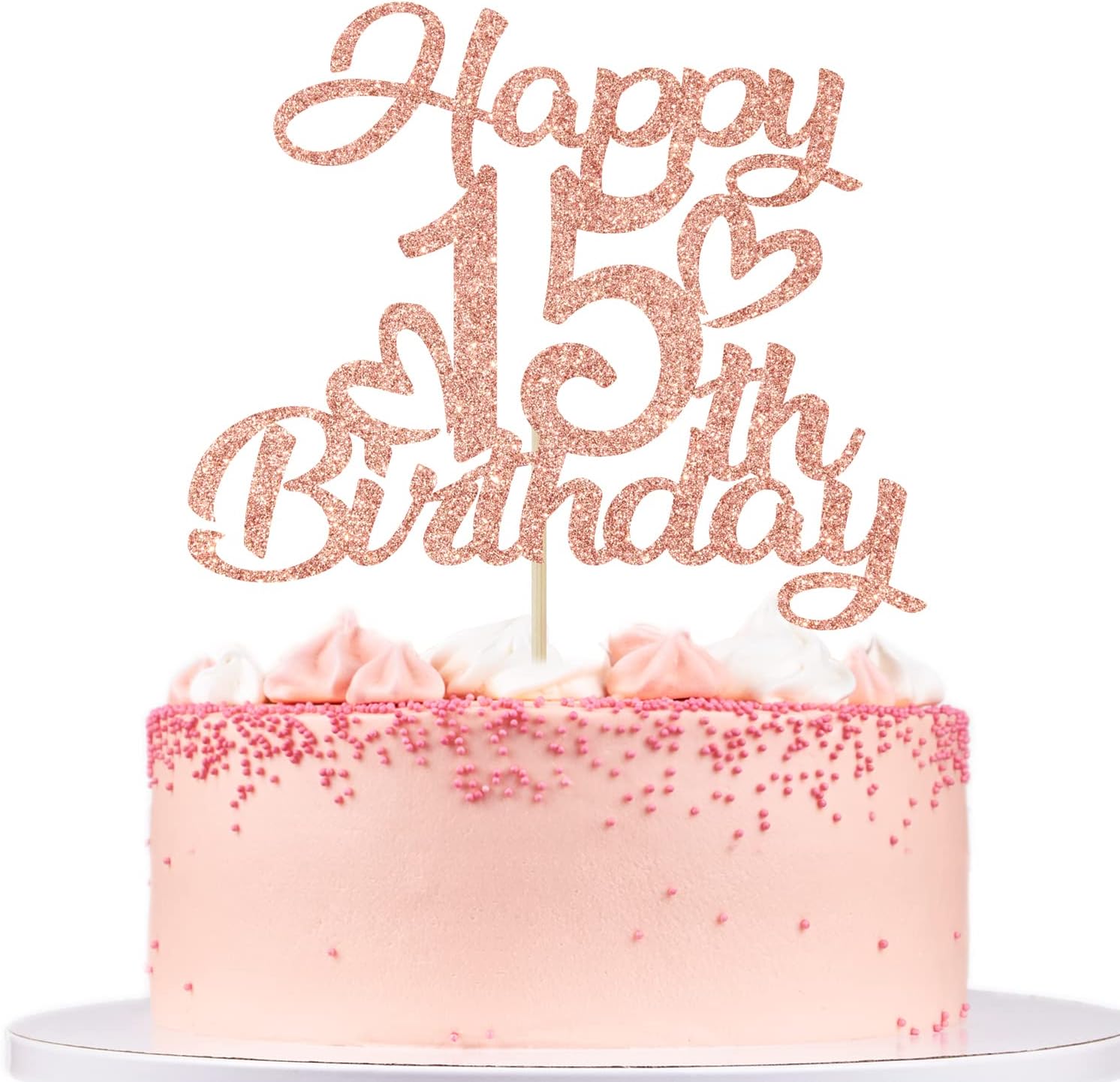 Rose Gold Glitter Happy 15th Birthday Cake Topper - Hello 15, Cheers to 15 Years, 15 & Fabulous, 15th Birthday/Anniversary Party Decorations