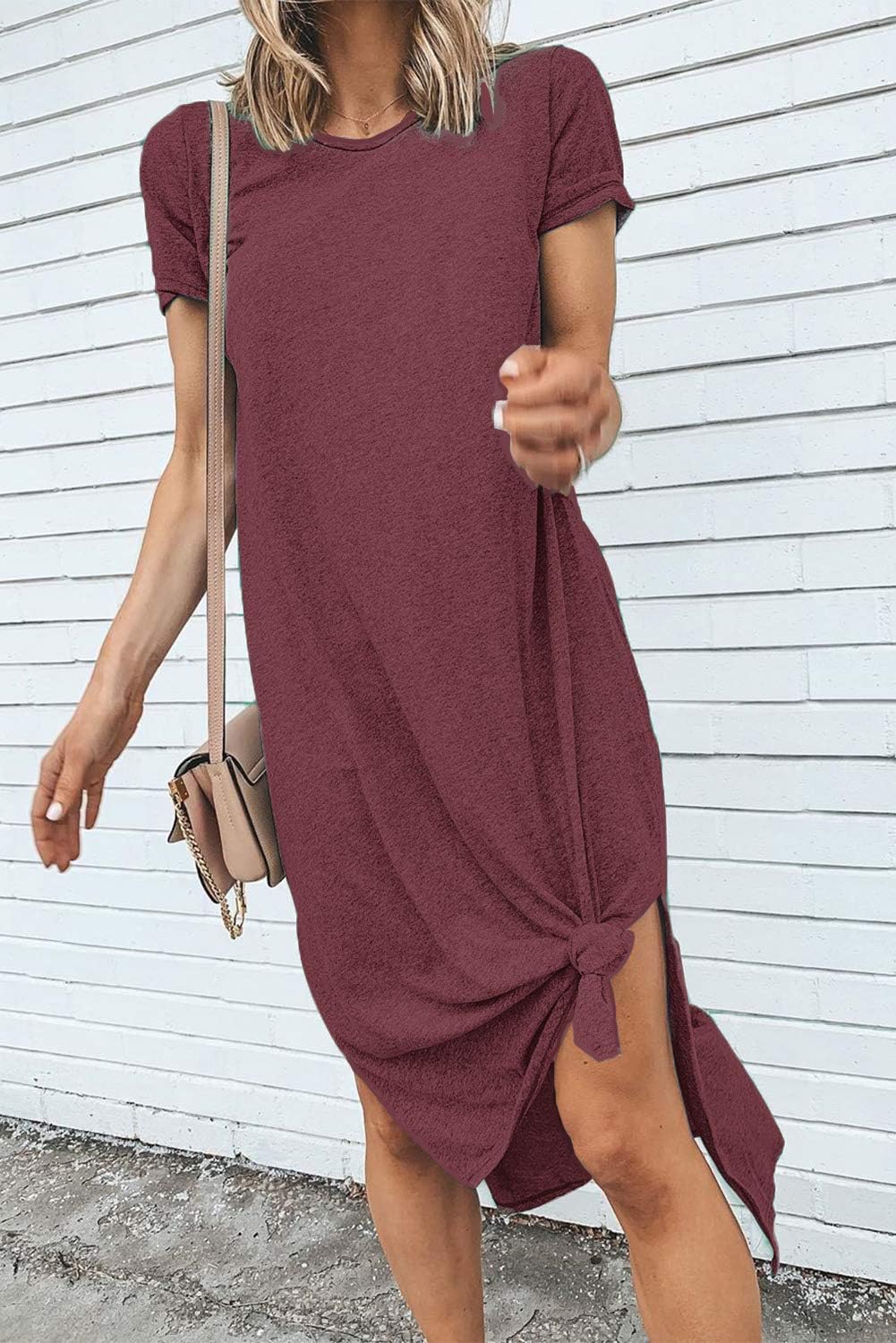 Alaster Women’s Casual T-Shirt Midi Dress Short Sleeve Summer High Splits Dress with Pocket High Low Solid Midi Dress - Image 2