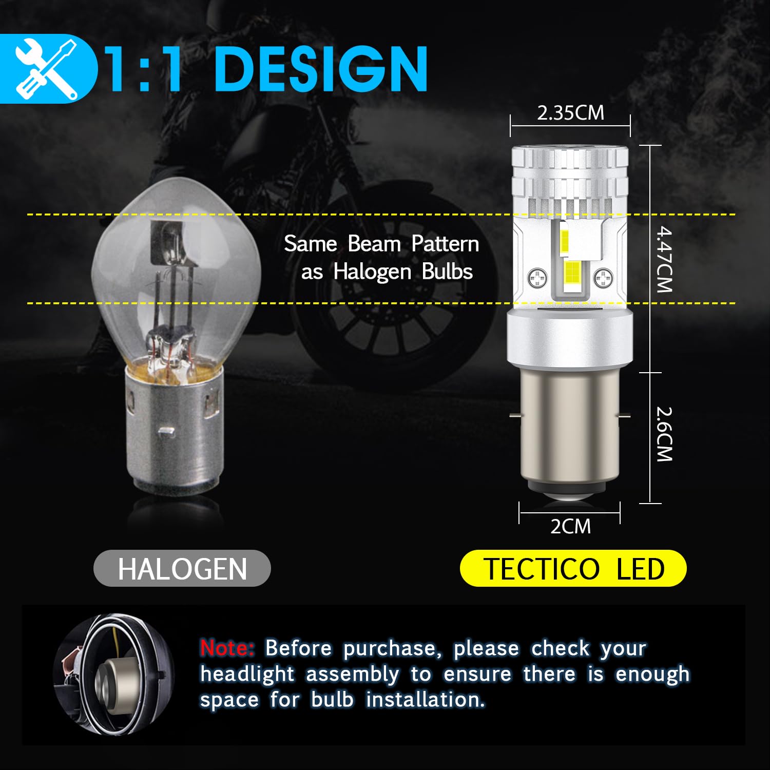 TECTICO BA20D S2 Bombilla LED Faro de Motocicleta, 12 V CC 35/35W, Luz Blanca Fría 6000K, Luz Alta y Baja, Recambio para Motocicleta y Scooter, 1 unidad, paquete de 2