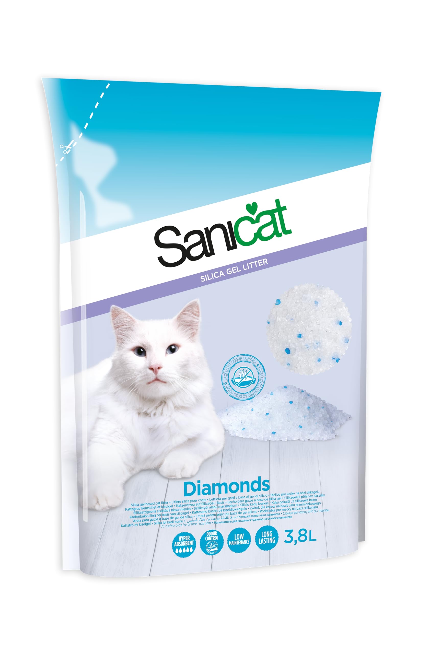 Sanicat - Lettiera assorbente con perle in gel di silice - Senza profumo | Granuli fini e soffici con elevata assorbenza e controllo degli odori | Capacità 4 x 3,8 L
