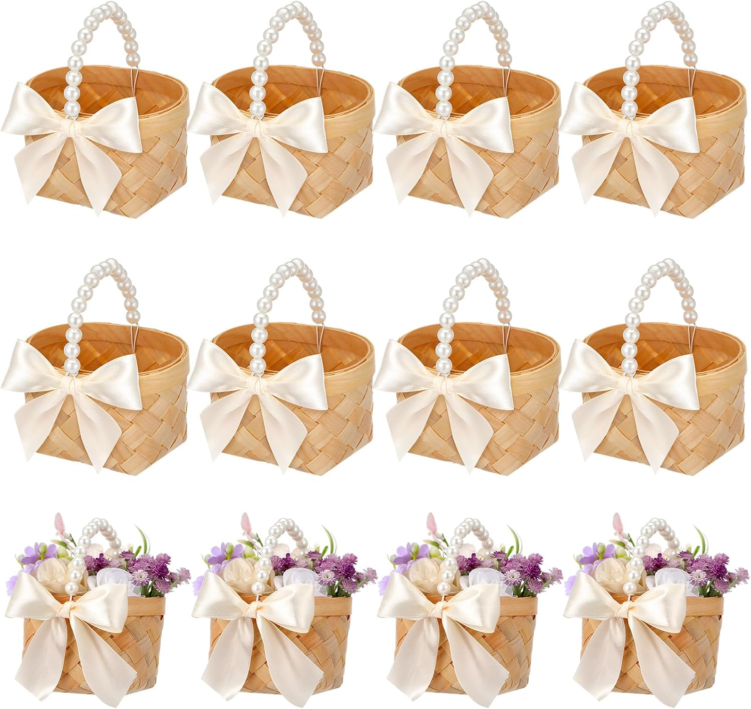 Geelin 12 Pcs Mini Flower Girl Basket Mini Woven Baskets with Pearl Handles Wood Chip Flower Fruit Picnic Holder with RibbonCh ip Bucket for Wedding Party Gifts Baby Shower Birthday Party Decoration