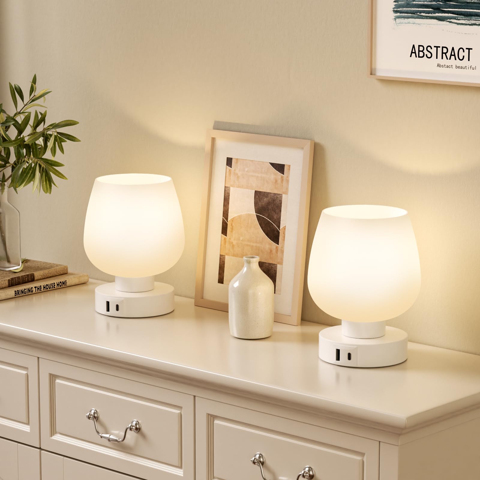 Touch Tischlampe für Nachttisch 2er Set - Nachttischlampe mit USB C+A Ladeanschlüssen für Schlafzimmer Wohnzimmer Nachttische, Schreibtischlampe mit weißem Glasschirm für kleine Räume, 3 Wege Dimmbar