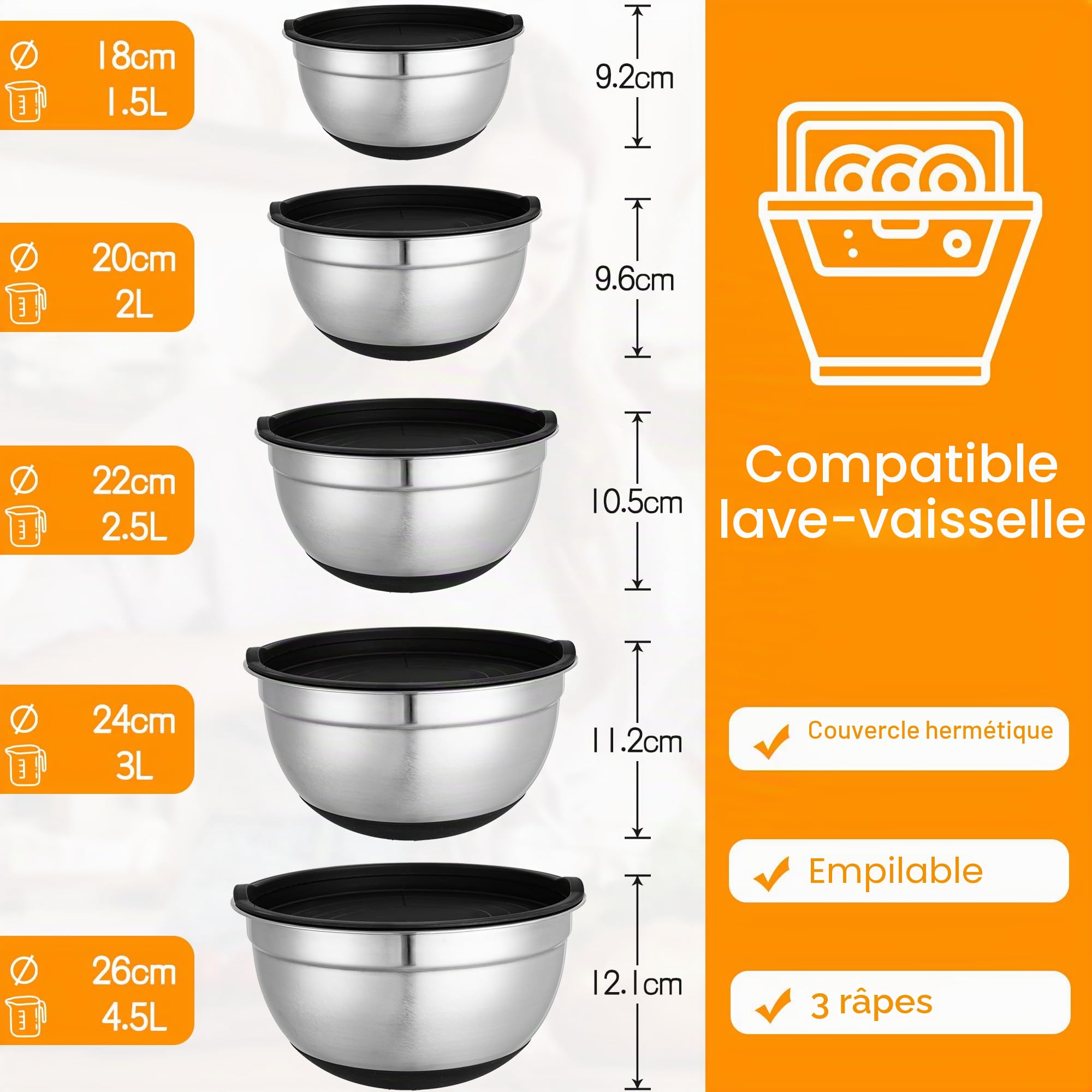 KUOGAS Lot de 5 Saladiers Avec Couvercle,cul de Poule Inox,3 Râpes, grand Saladier Inox AntidéRapant avec Couvercle, Empilable, Protection anti-éClaboussures, Passe au Lave-Vaisselle