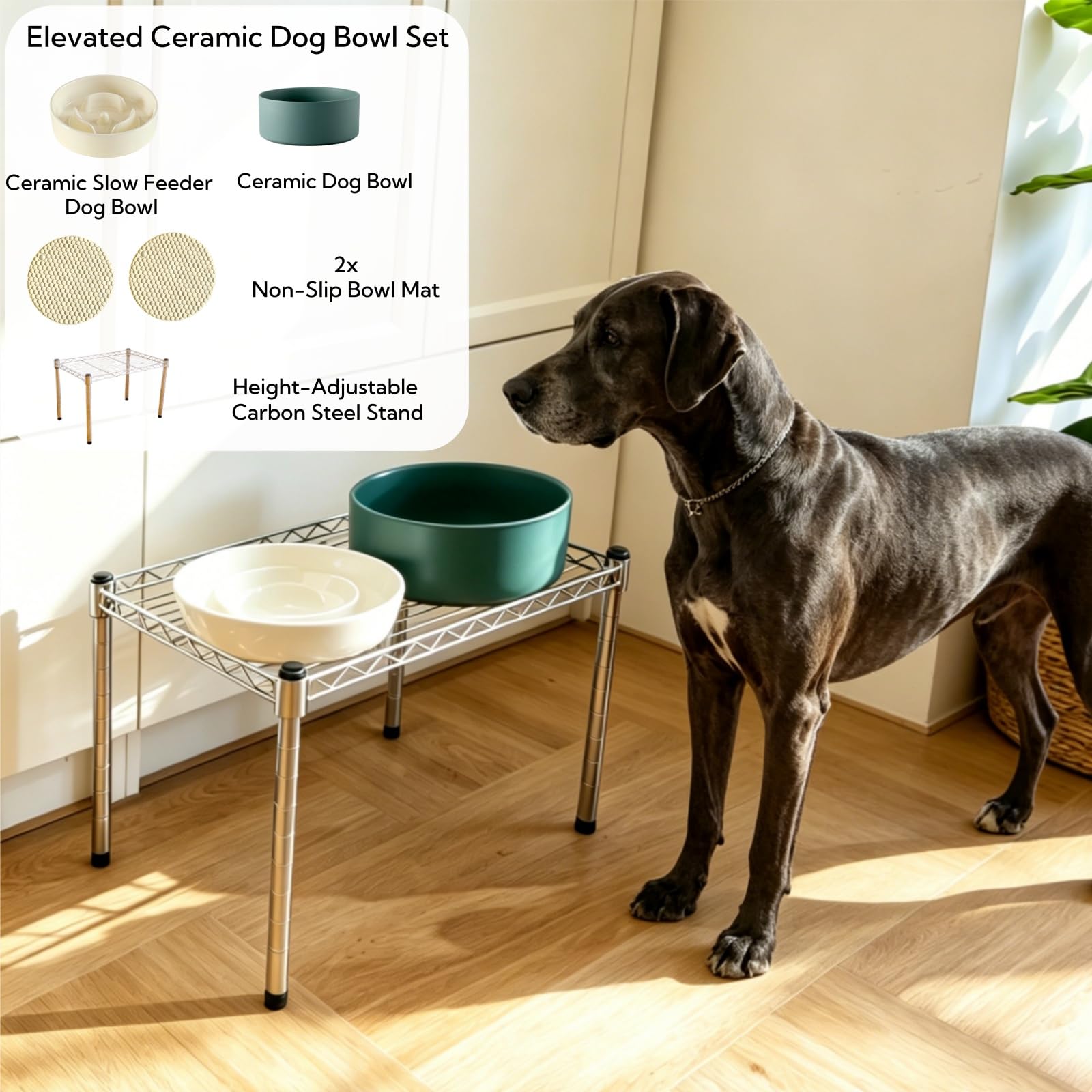Lot de 2 gamelles surélevées en céramique pour chien de race moyenne, gamelle en céramique de 2 à 2,5 tasses avec support réglable surélevé de 17,8 cm de hauteur, bol d'alimentation lente pour réduire