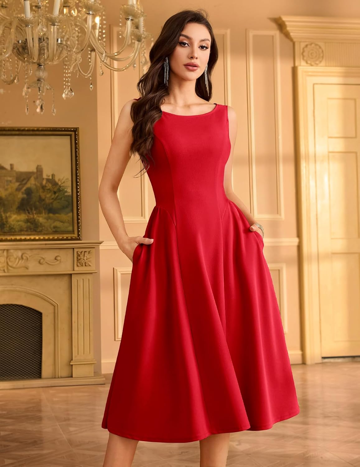 Bridesmay Women's Elegant Crew Neck Swing A Line Wedding Guest Dress Sleeveless Formal Midi Dress with Pockets 2026 - Image 8