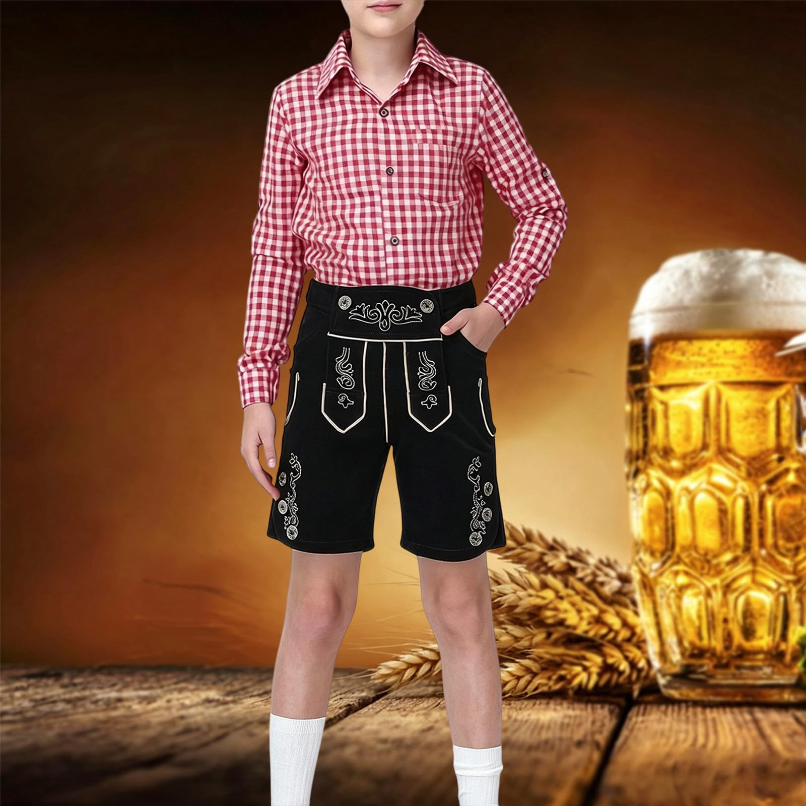Generisch Trachtenlederhosen Für Jungen Oktoberfest Kinder Jungen Outfit, Kurze Trachtenhose Im Landhaustil Hochwertige Verarbeitung Mit Stickerei Und Brotzeitfalte