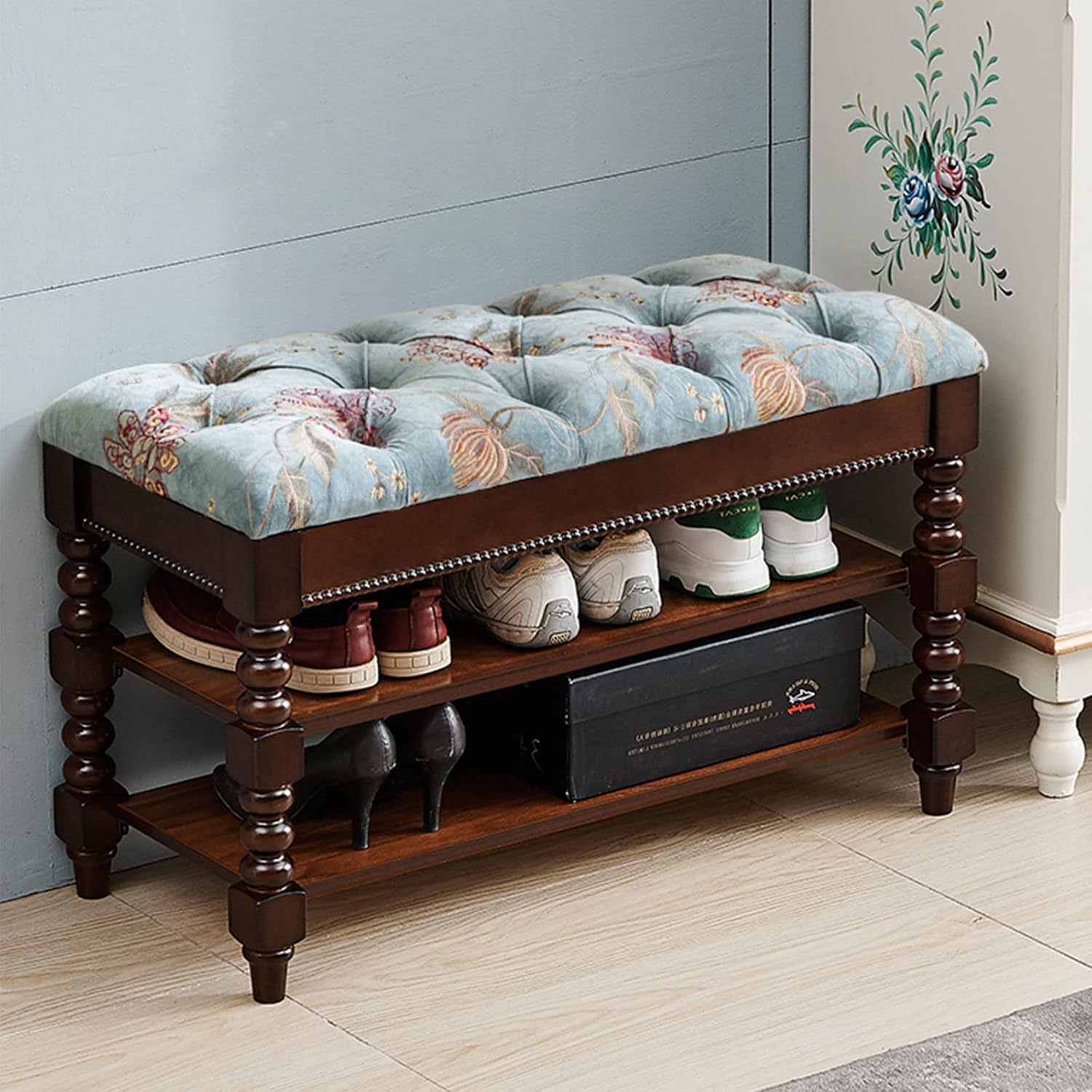 ヴィンテージ無垢材収納オットマンベンチ 刺繍入りクッションシート