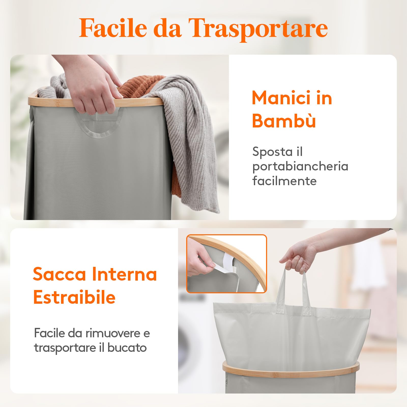 Lifewit Set di 2 cesti portabiancheria da 170 litri con coperchio, 2 scomparti e 2 sacchetti portabiancheria rimovibili, pieghevoli per lavanderia, camera da letto, bianco e grigio argento