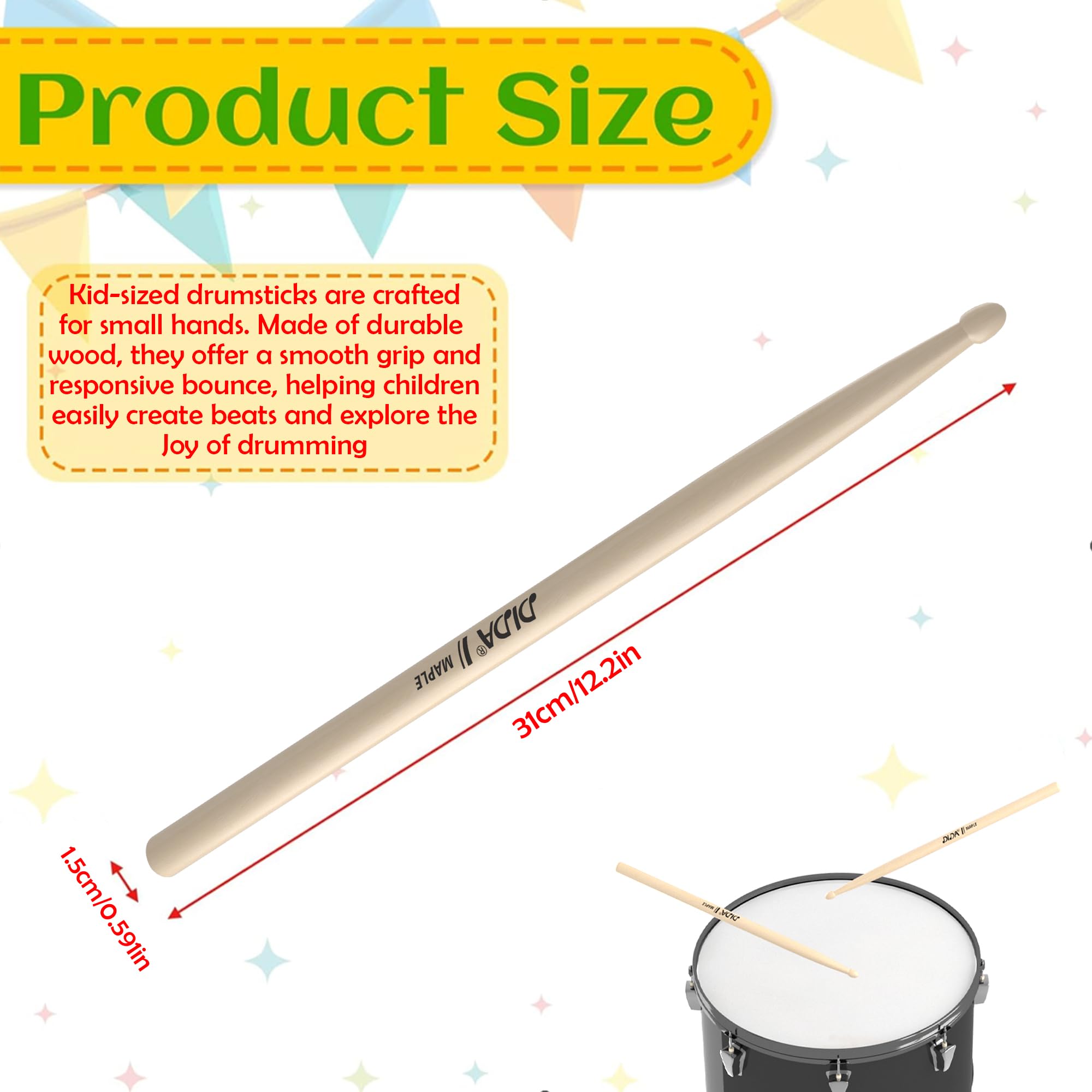 Baguettes pour enfants, baguettes de batterie en bois d'érable de 30,5 cm, accessoires de percussion pour instruments de musique, baguettes pour étudiants, débutants (érable, 4 paires)