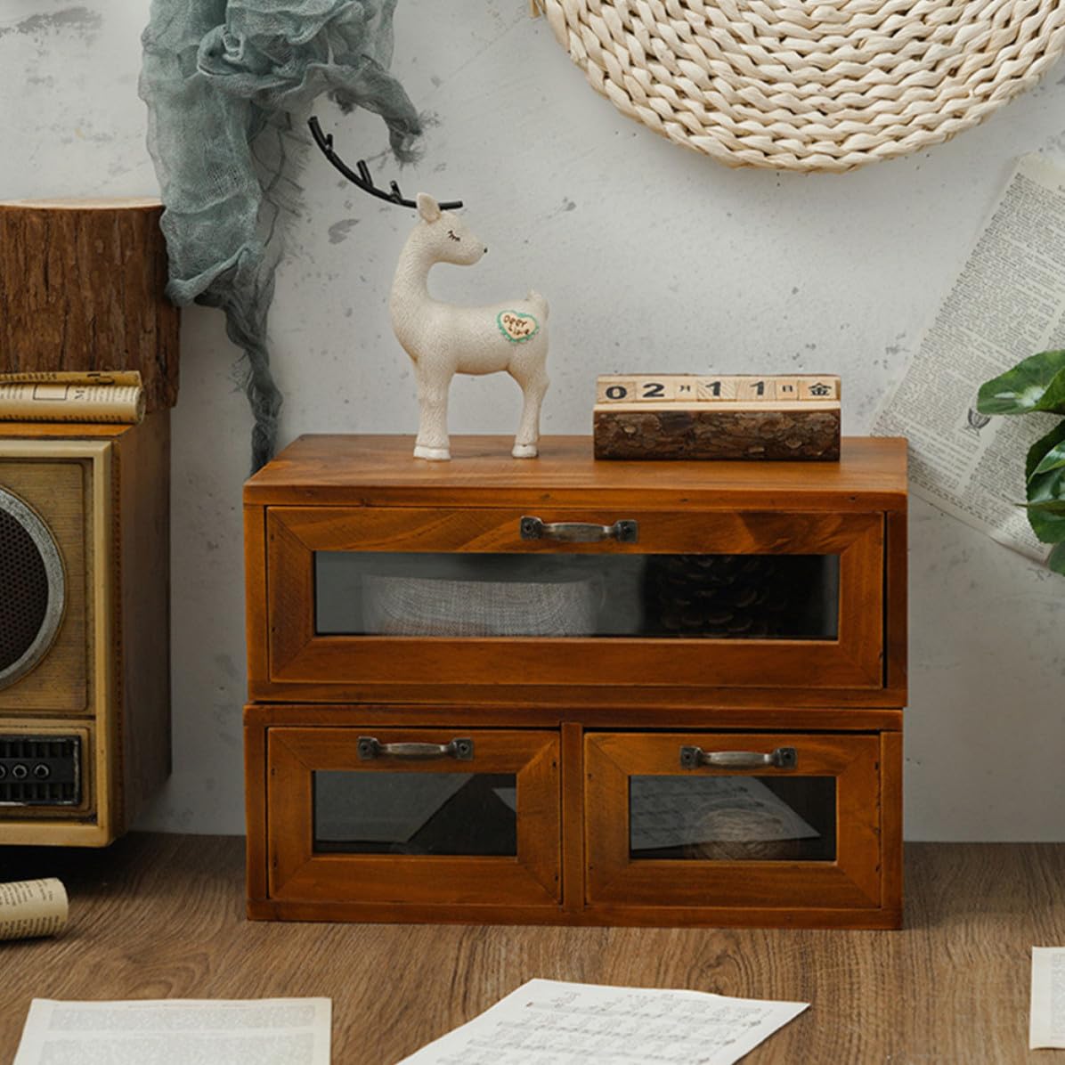 Organizer da Scrivania Supporto per Computer in Legno e Ferro, Cassettiera Funzionale per Cosmetici e Cancelleria Ufficio