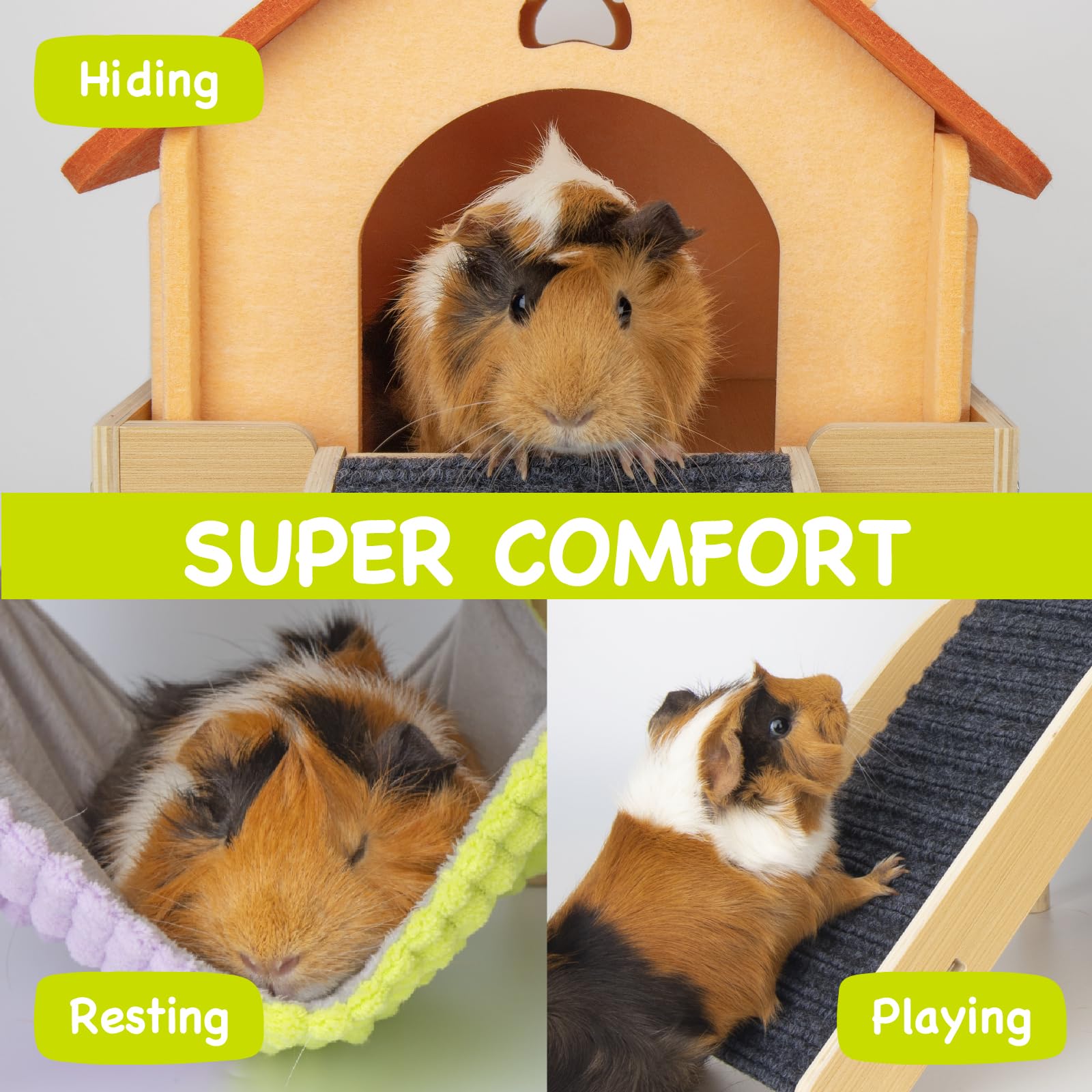 BESNEW Hamaca de cobaya 3 en 1 ampliada, escondite de madera con casa, plataforma y escaleras, juguetes de animales pequeños para ocultar actividades para dormir
