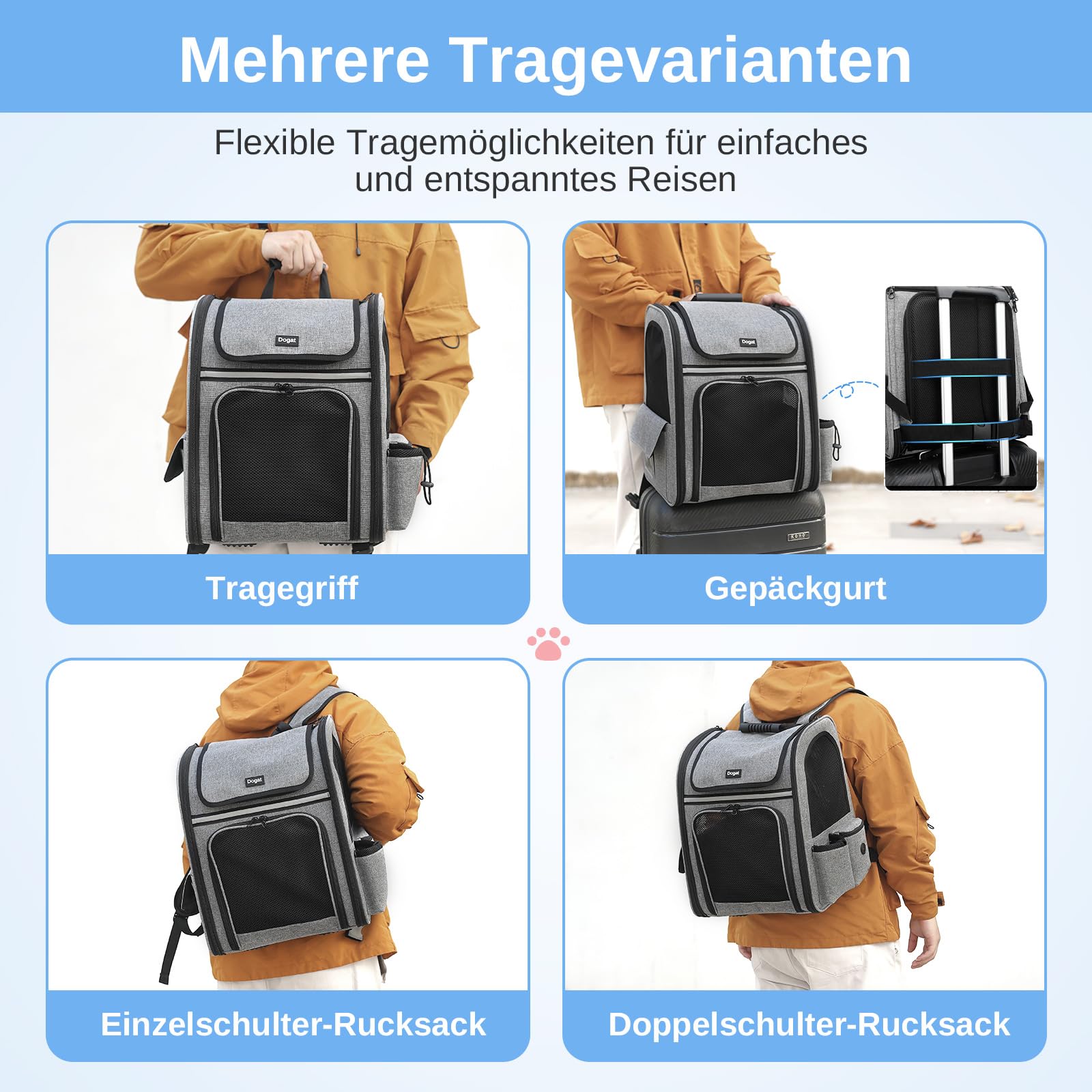 Erweiterbar Katzenrucksack mit Netzfenster, Tragbare und Faltbare Haustier Rucksack mit Innerer Sicherheitsleine und Haustierunterlage für Katzen Hunde bis 17 lbs (8 kg) Wandern, Walken (Grau)