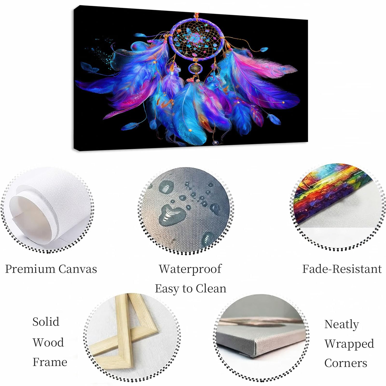 Leinwandbild Bild Boho-Stil XL Wandbilder Deko 90 x 60 cm, Kunstdruck auf Leinwand mit Holzrahmen, Schwarz Traumfänger Feder Wanddeko für Wohnzimmer Schlafzimmer Büro Wanddekoration