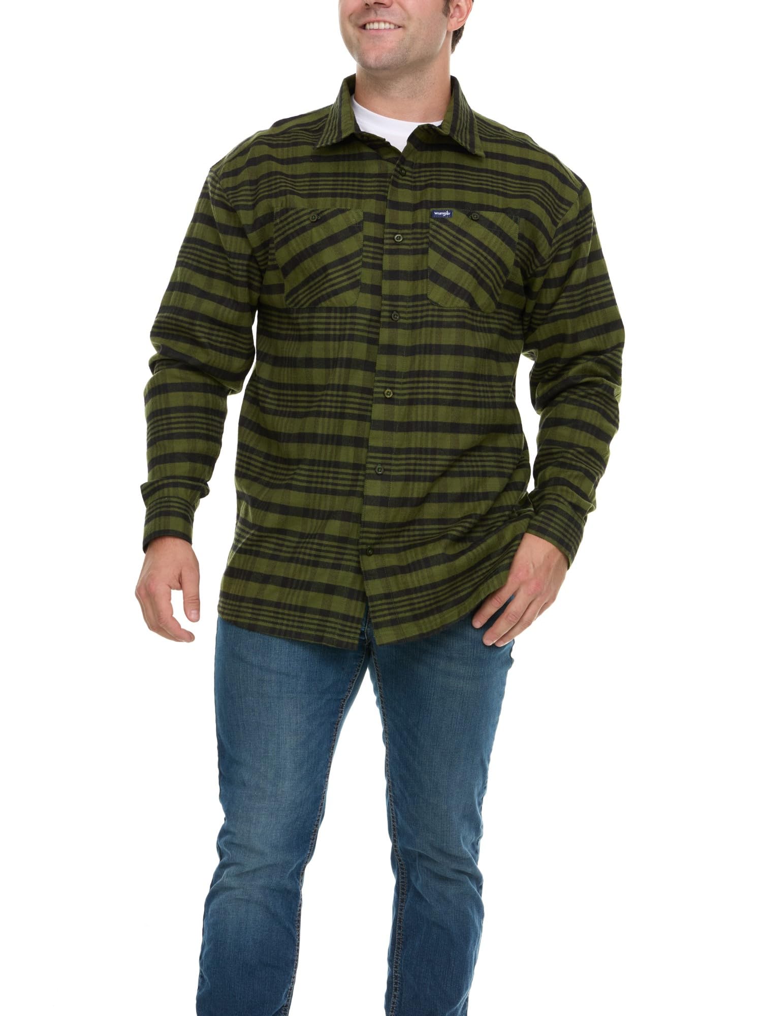 Wrangler Big and Tall Flannel Shirt for Men – Mens Button Down Plaid Shirt Olive/Black
