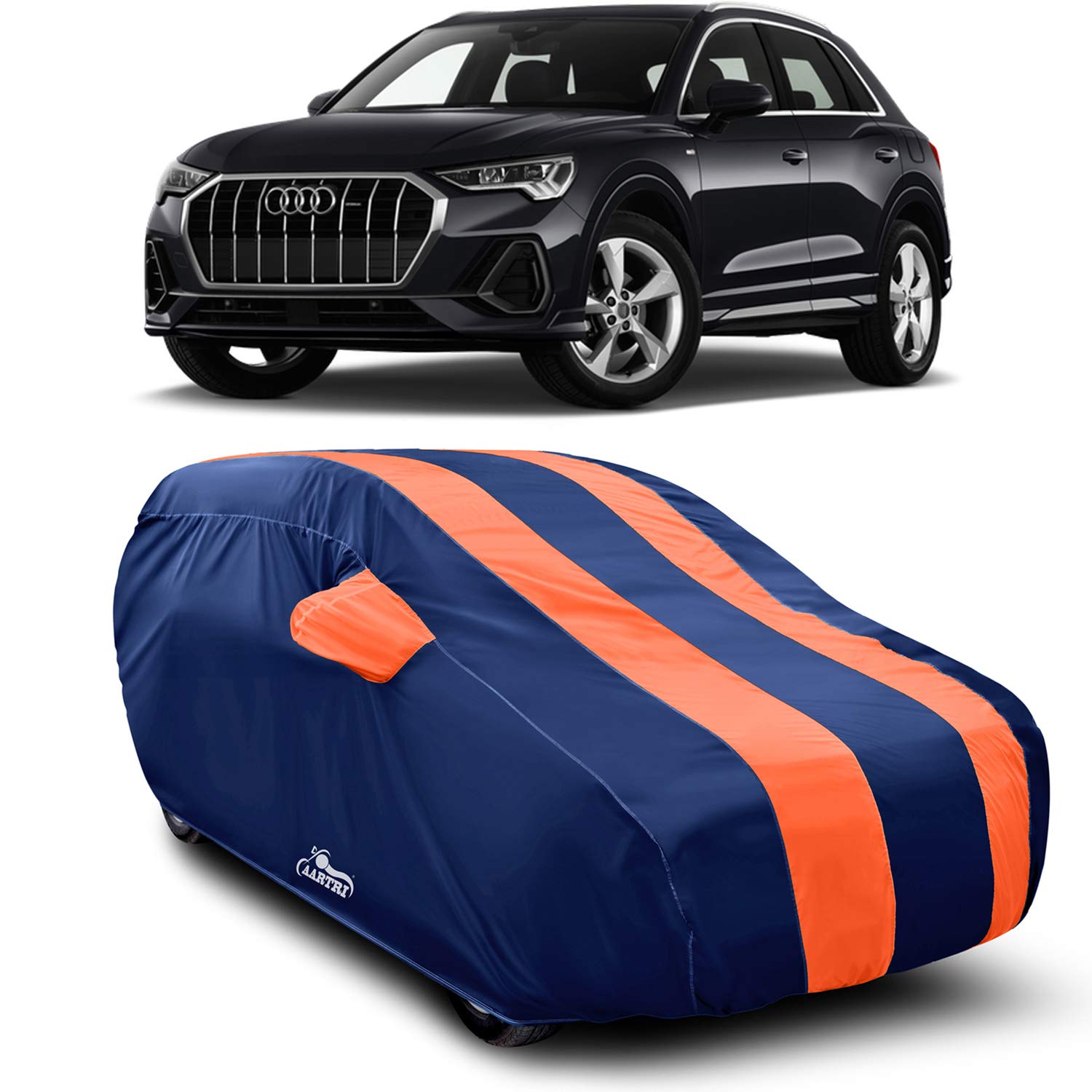 Mukesh Enterprise Water Resistant Car Cover for Audi Q3 Fit for All Variants Year(2019-20)(Strips Orange with Mirror Pockets)