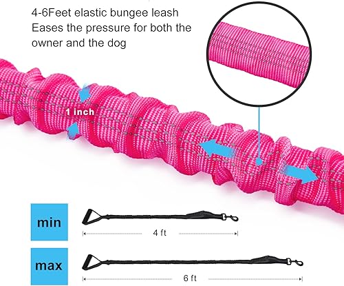 Miniatura 5 de Correa Elástica Bungee de Servicio Pesado Altamente Reflectante de 6 Pies para Perros Medianos y Grandes, Absorbe los Golpes, con Cómodo Mango Rosa