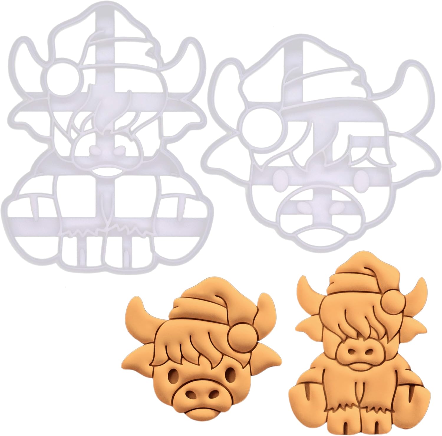 BAKERLOGY Set of 2 Xmas Highland Cow Cookie Cutters - Detailed Biscuit Cutter Design for Baking and Crafts, ideal on fondant, dough, clay