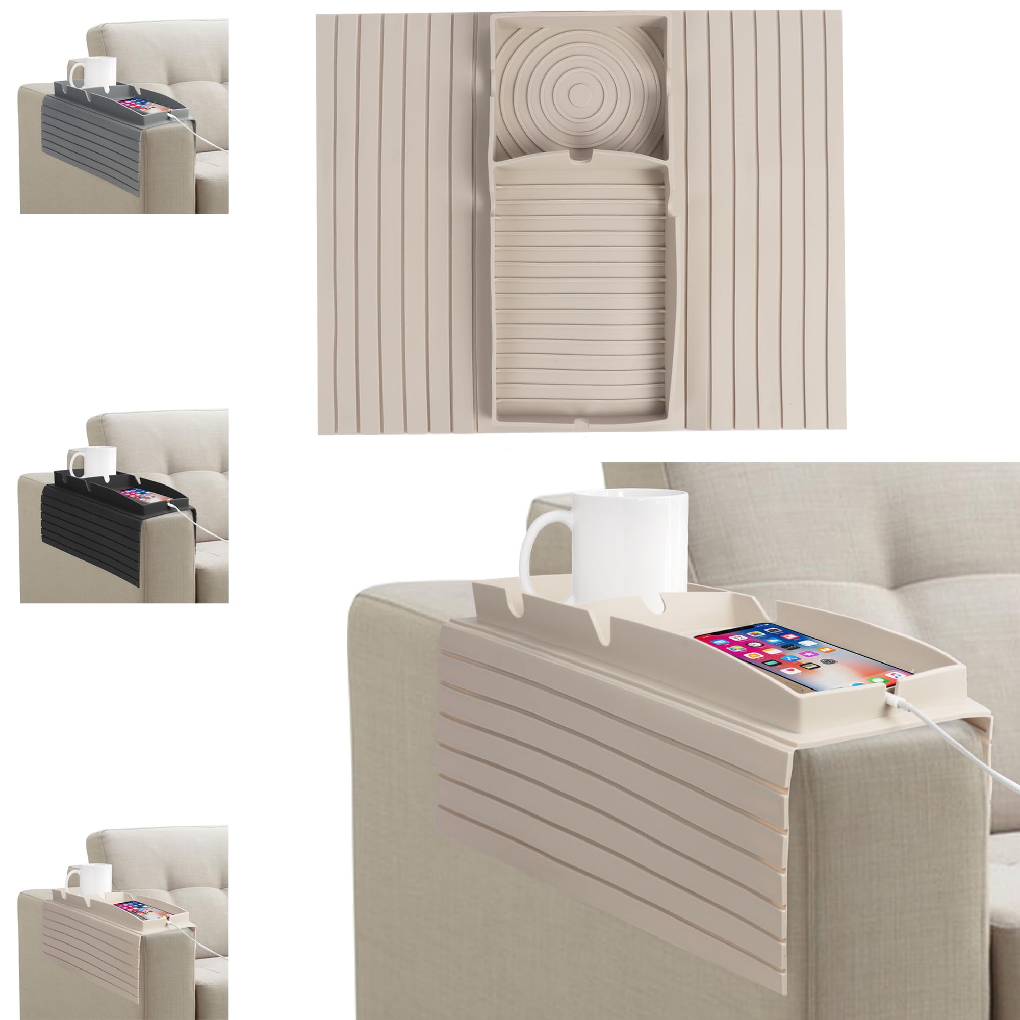 Sofatablett Armlehne, 2 Stück Beige Couch Tablett mit Getränkehalter, Auslaufsicher Sofatablett Silikon für Kaffeetasse, Snacks, Fernbedienung, Handy (2 Stück Beige)