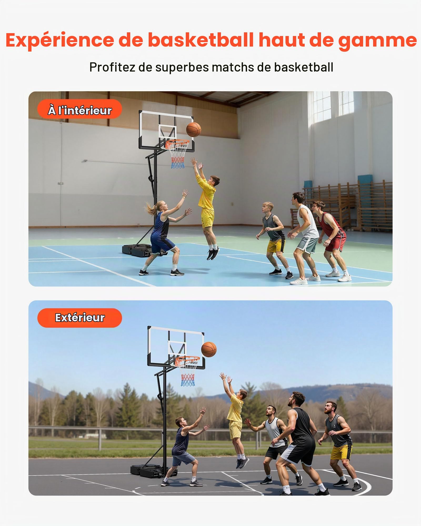 VEVOR Panier de Basket-Ball sur Pied, But de Basketball Mobile avec Roues et Hauteur Réglable de 1,6 à 3,05 m, Système de Cerceau, Filet et Panneau en PC pour Basket, pour Extérieur et Intérieur