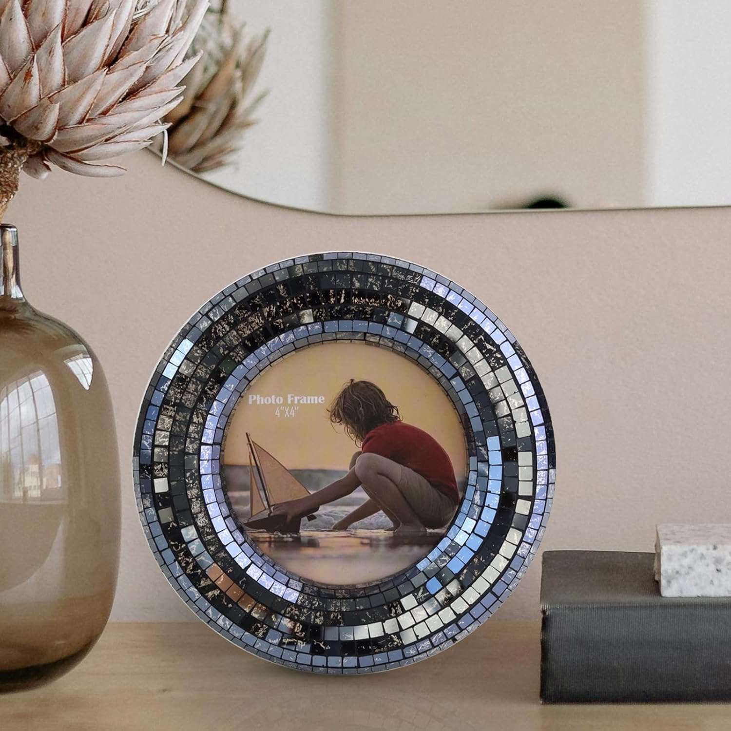 WDHODEC Black Small Picture Frames 2PCS, Handcrafted 4"x4" Mosaic Glass Tabletop Photo Frames, Modern Home Décor, Gift for Holiday Wedding Housewarming