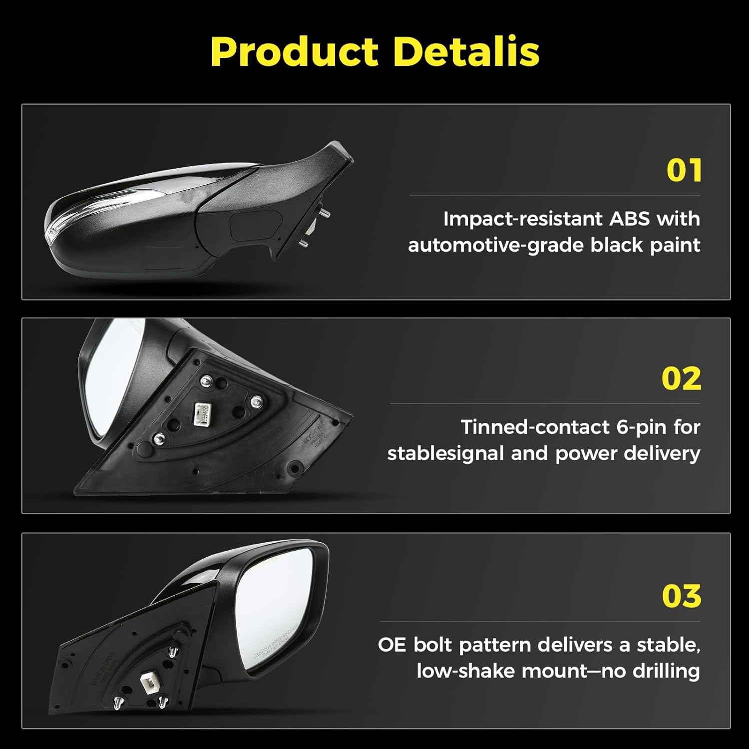 Passenger Side Mirror (Right/RH) Compatible with Hyundai Elantra 2014-2016, Power, Heated, Manual-Folding, w/Turn Signal, 6-Pin Connector, Black Housing, Replaces 876203X690, HY1321209
