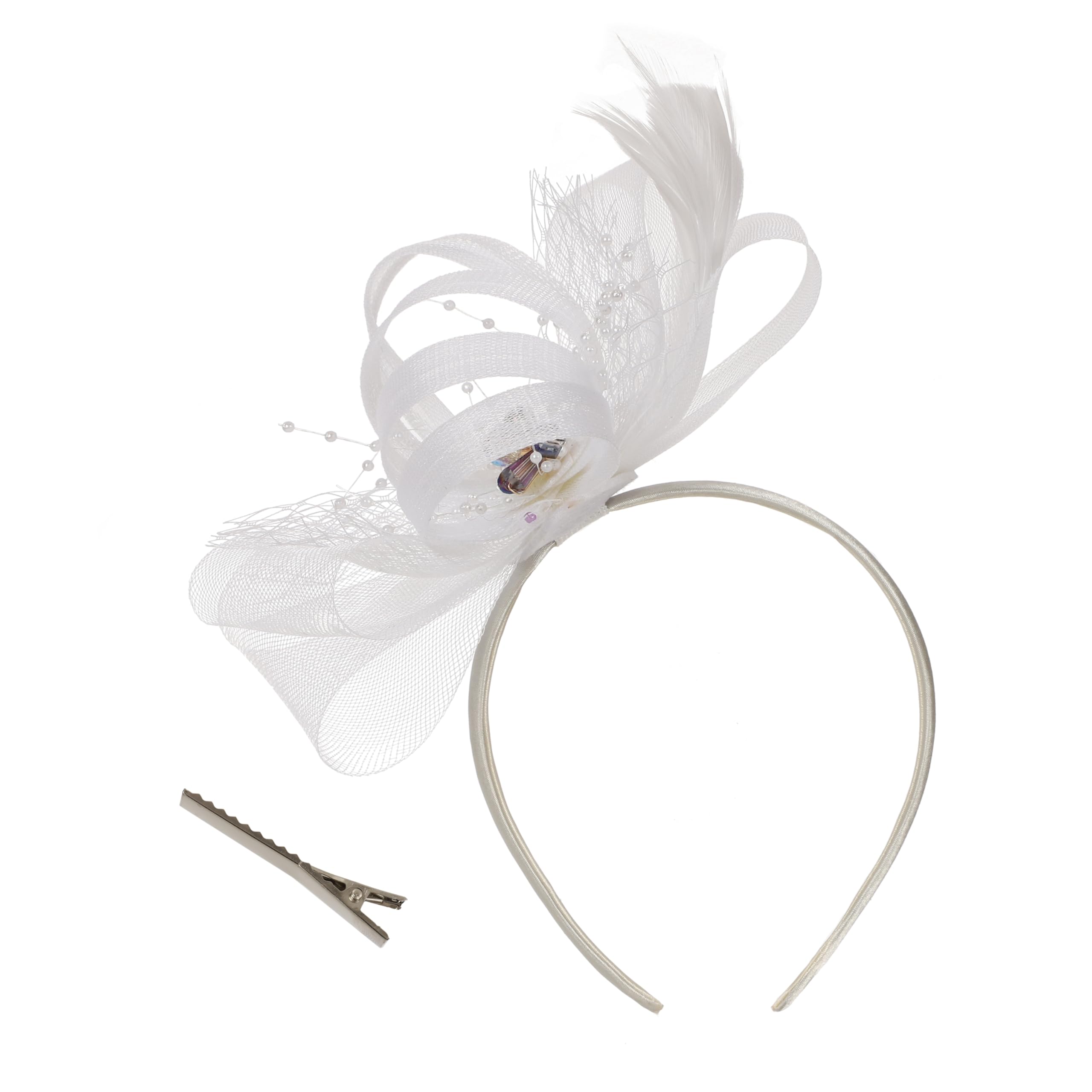 soul young Tocado para mujer, sombrero de boda, fiesta de té, tocado real Ascot, plumas, malla, hatinador, cóctel, diamantes de imitación, blanco, S-3XL