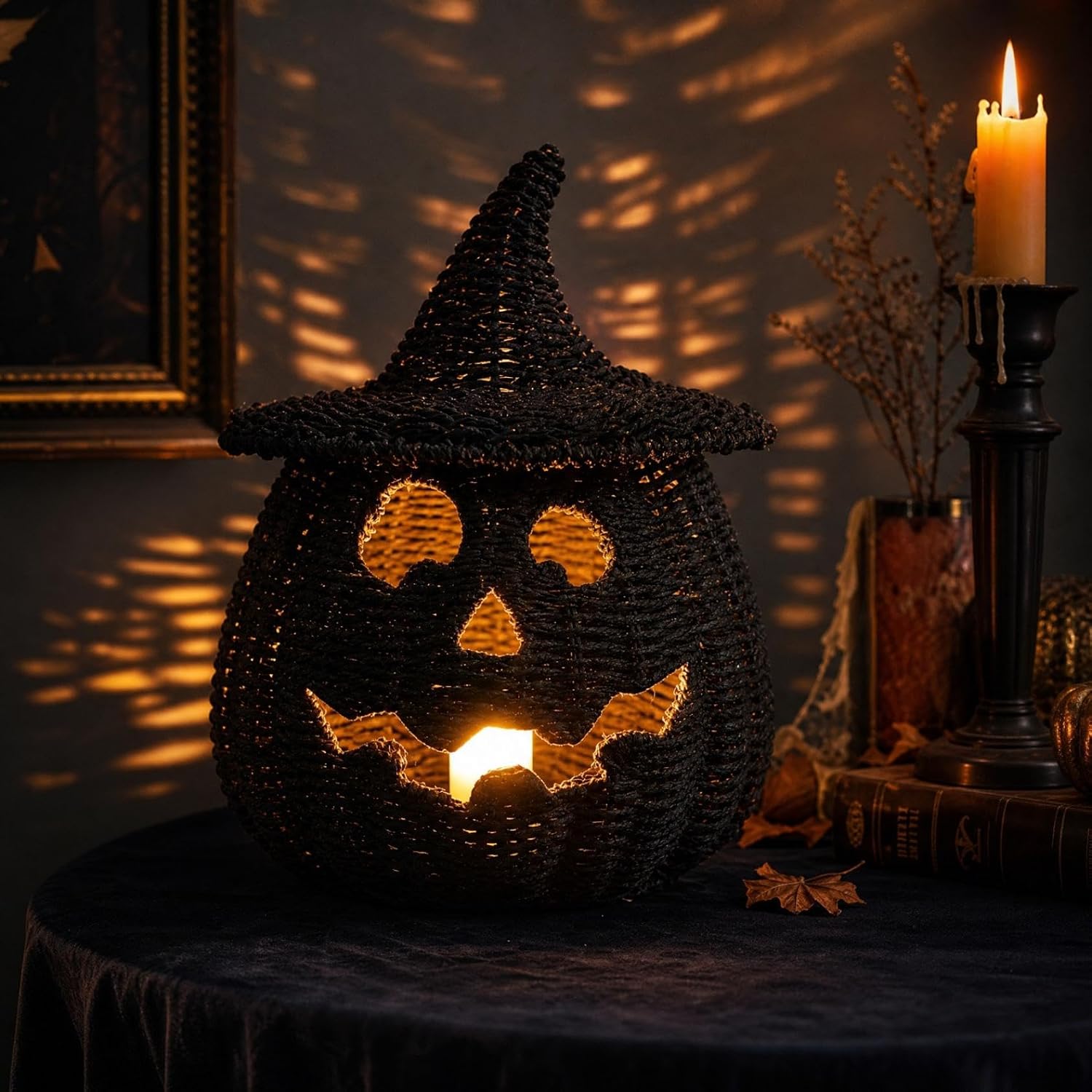 Spooky Handmade Black Wicker Pumpkin Lantern, with Witch Hat Lid, Light Compatible Hollow Jack O Lantern Tabletop Decor, Woven Fall Centerpiece for Mantel, Coffee Tables & Entryways