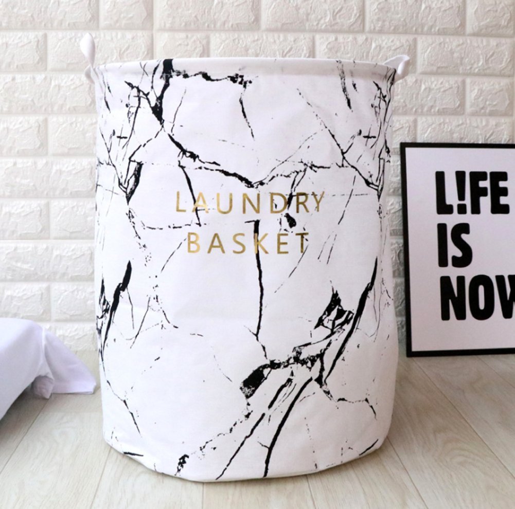 Uniuooi Collapsible Large Laundry Hamper Washing Basket & Bin, Waterproof Round Cotton Storage Linen Dirty Clothes Basket Organizer (White Marble)